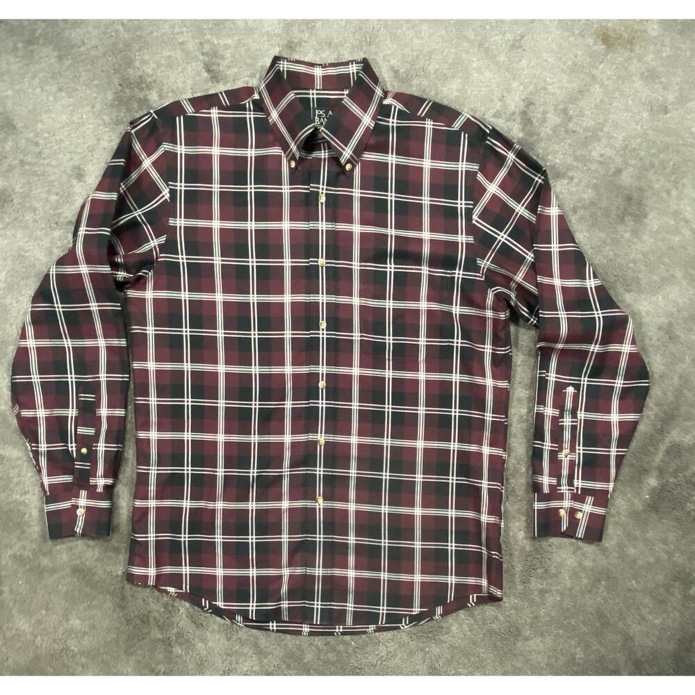 Jos‎ A Bank Sz Med Tailored Fit Maroon Black Plaid Button Down Long Sleeve Shirt